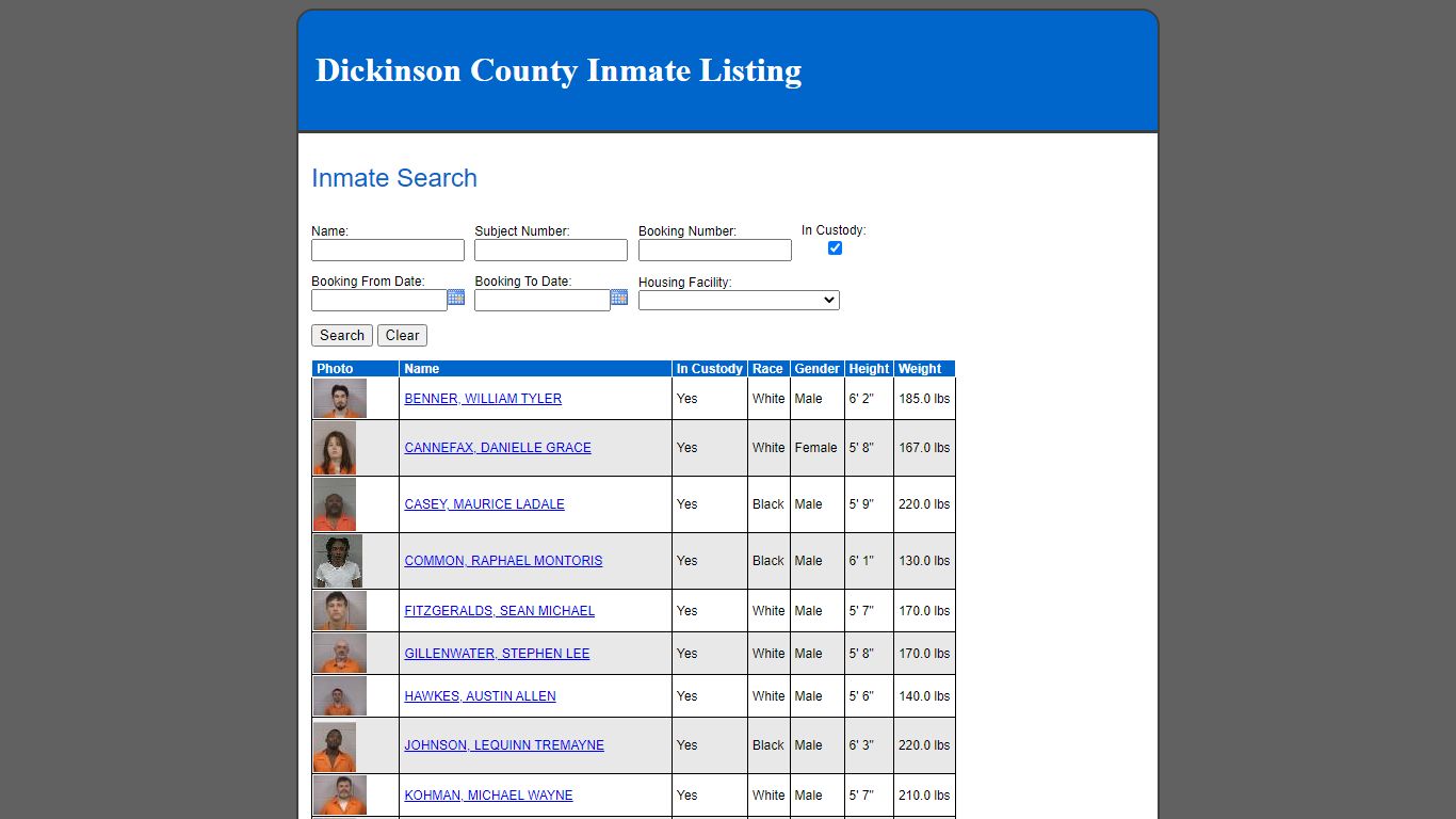 Dickinson County Inmate Listing