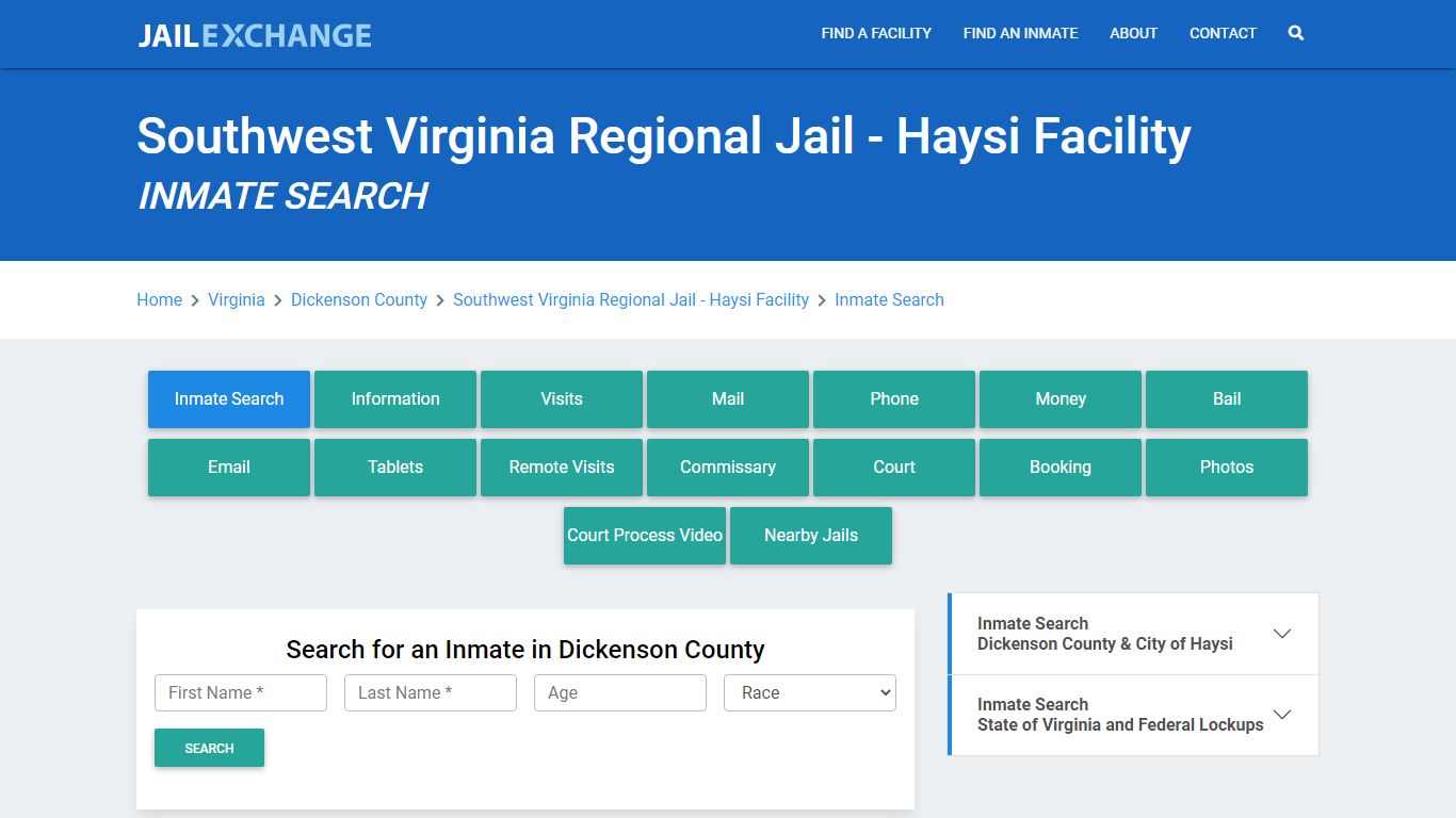 Southwest Virginia Regional Jail - Haysi Facility Inmate Search